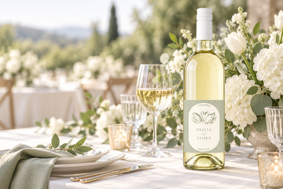 Personalized Wedding Wines at a styled reception table